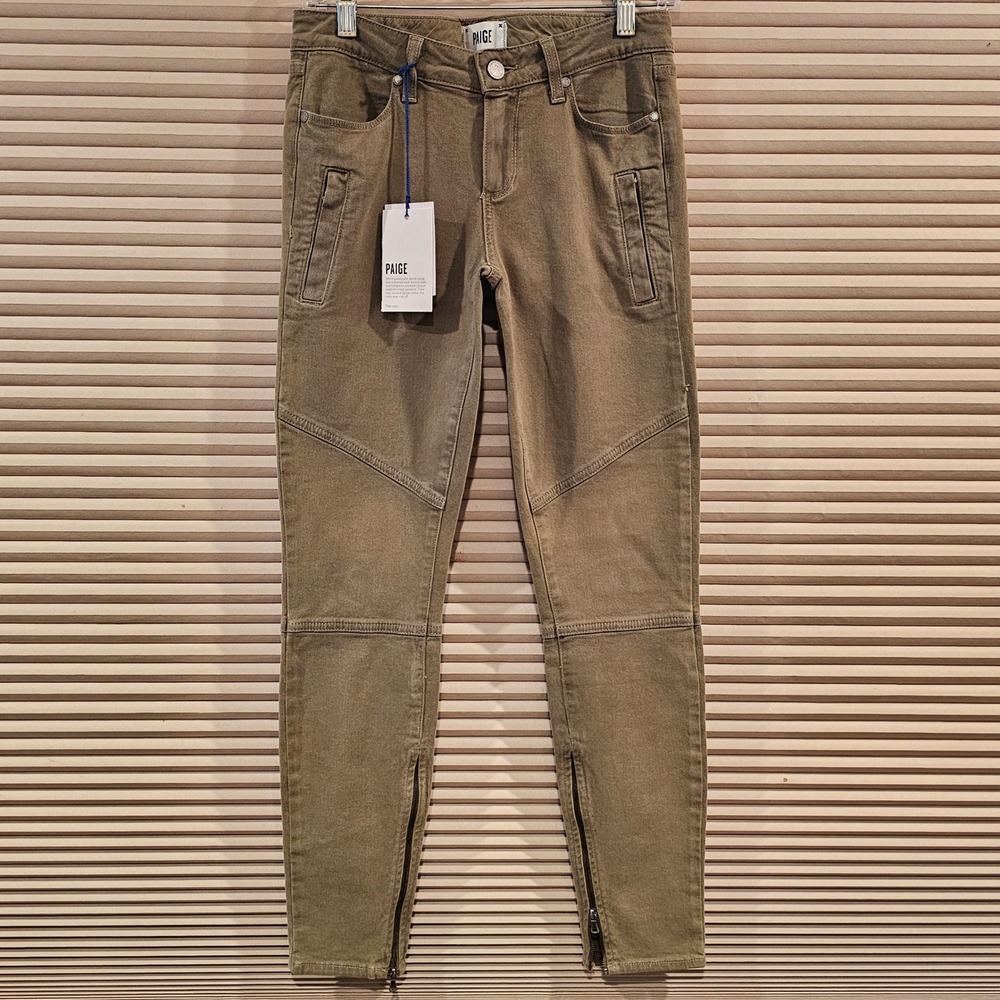 Paige Edgemont Skinny Jeans Fatigue Green Moto Zip Womens 28 Zip Pockets Stretch